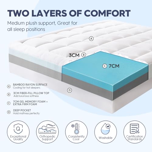 ELEMUSE Dual Layer 4 Inch Memory Foam Mattress Topper Full, 2 Inch Cooling  Gel Memory Foam Plus 2 Inch Bamboo Pillow Top Cover